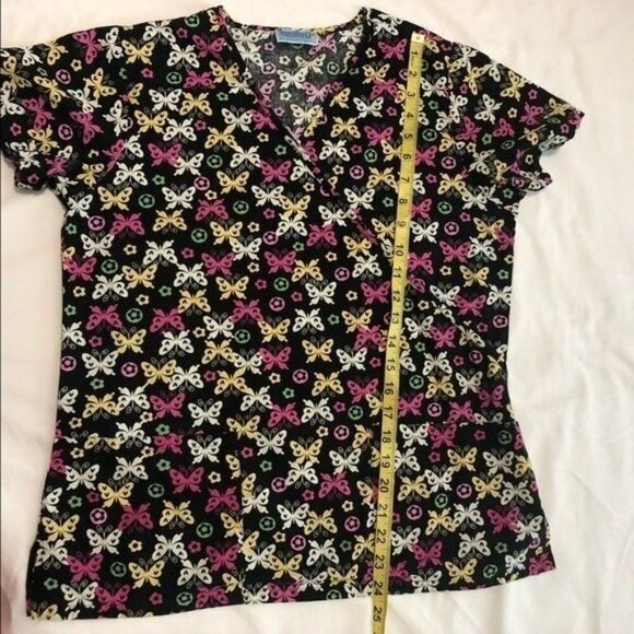 Ladies Scrub Top Size Small Butterflies Black Pink Yellow Uniform Destination - Picture 5 of 7